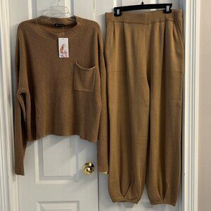 Prettygarden Winter Lounge Set Tan Flowy Crewneck Sweater Matching Joggers NWT